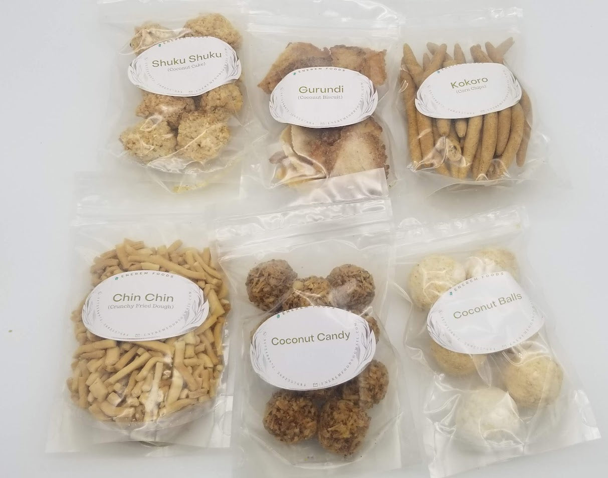 Enerem African Snacks (Chin-Chin, Gurundi, Coconut Candy, Shuku Shuku, Coconut Balls, Kokoro)